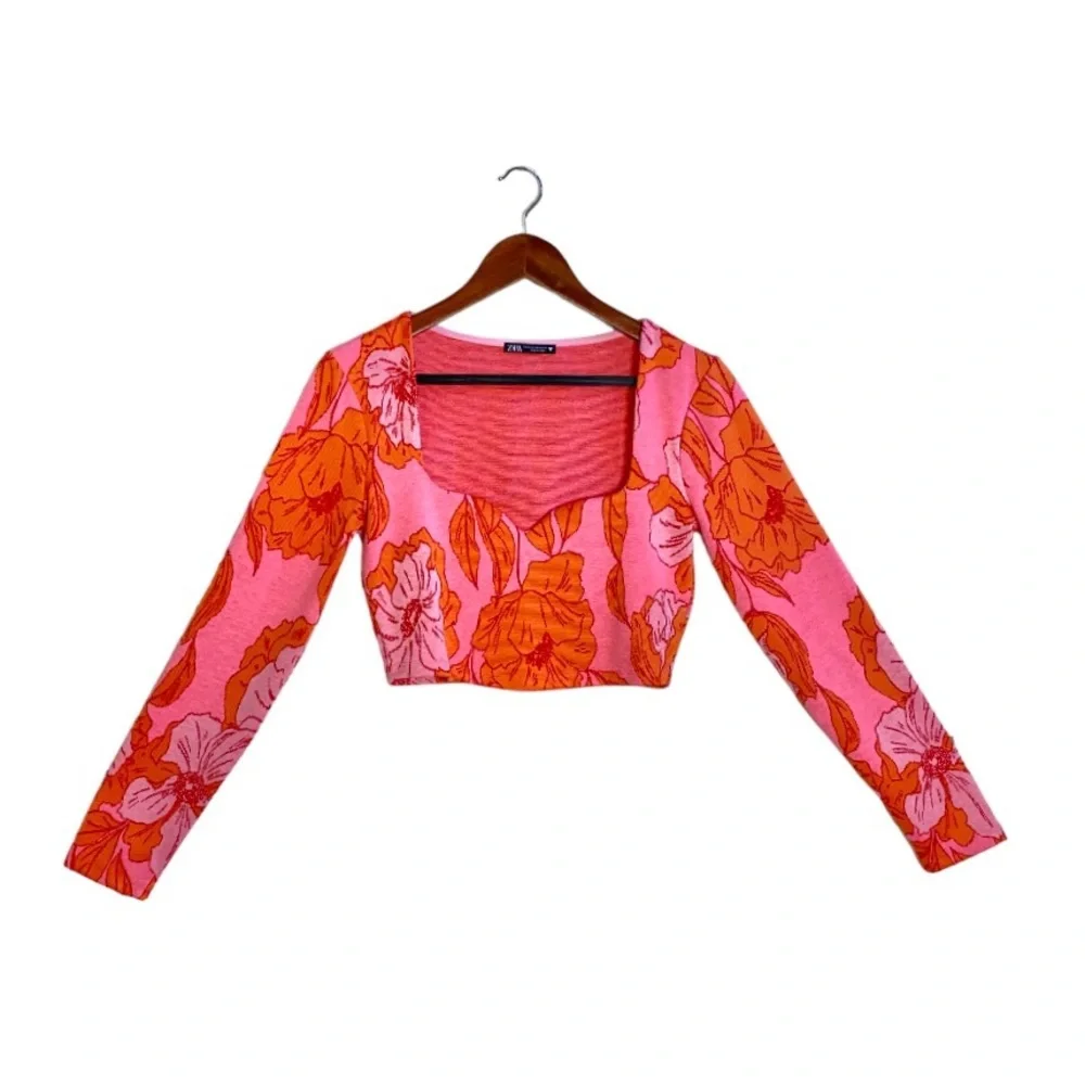Zara Pink/Orange Floral Long Sleeve Sweetheart Neckline Bloggers Fav Cropped Top